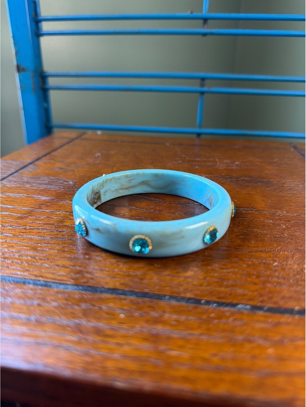 Marbled Blue Acrylic Bangle Bracelet with Turquoise Accents - Picture 2 of 3